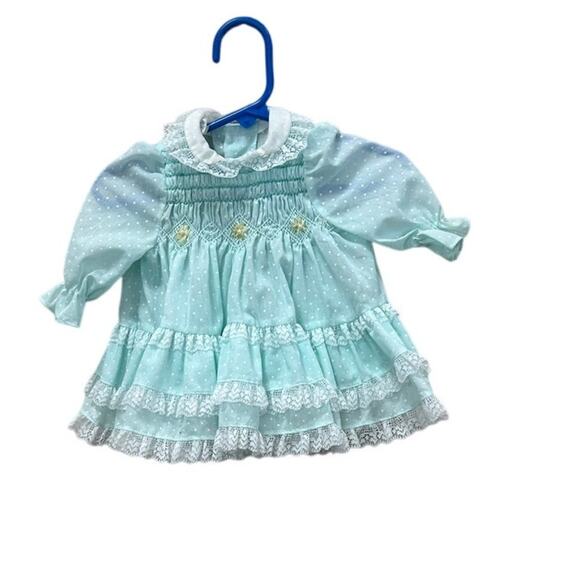 Vintage Polly Fllinders 1970s Blue Smocked Dress Baby 0-3months. - Picture 1 of 8